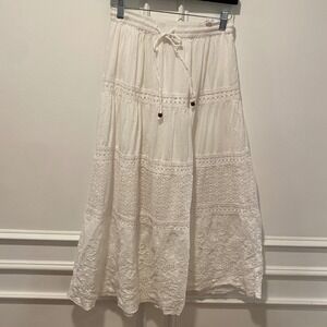White Boho Tiered Lace Eyelet Maxi Skirt Elastic Waist Cotton Peasant Skirt